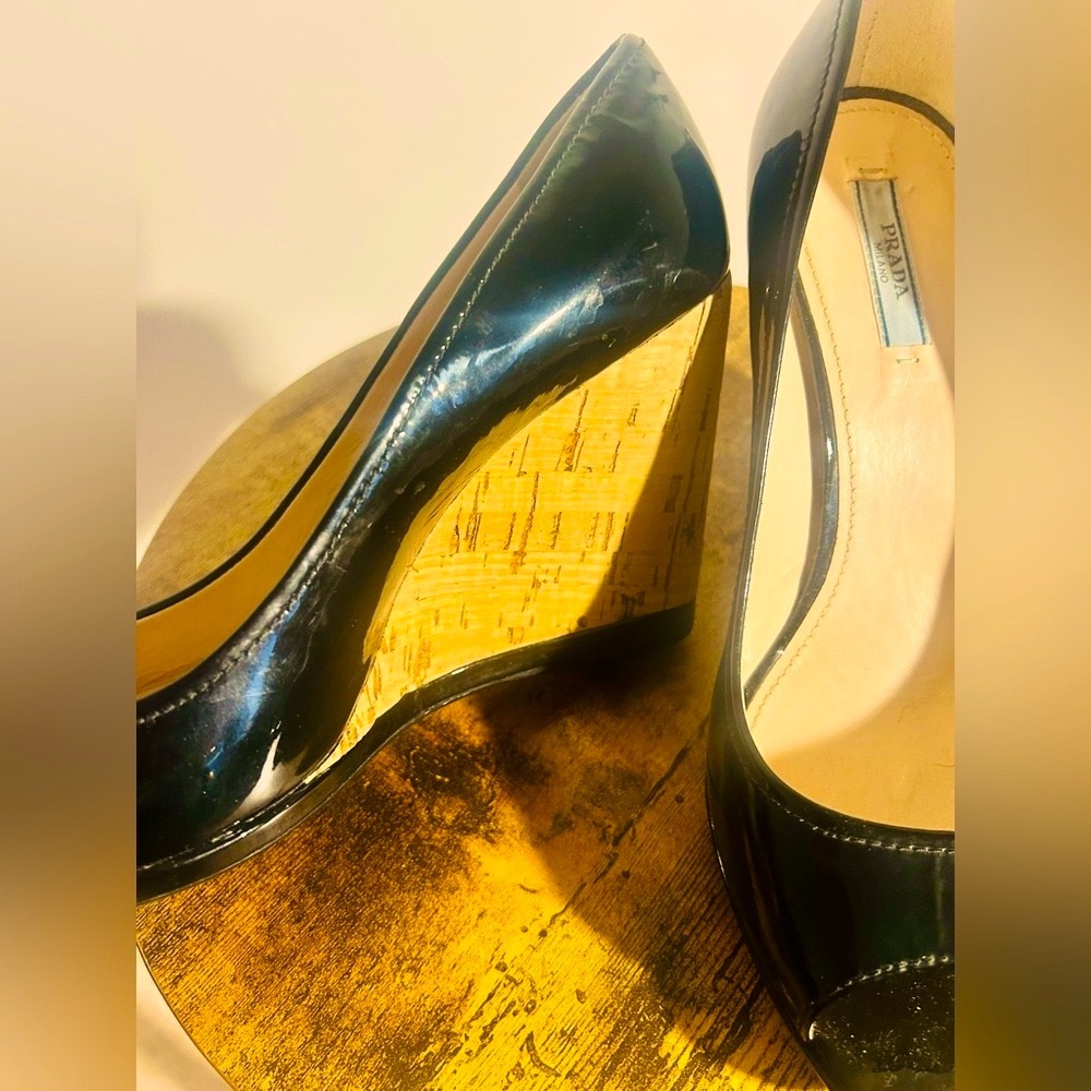 Prada 🖤 Black Peep-Toe wedgeHeels 7.5 - Picture 4 of 10